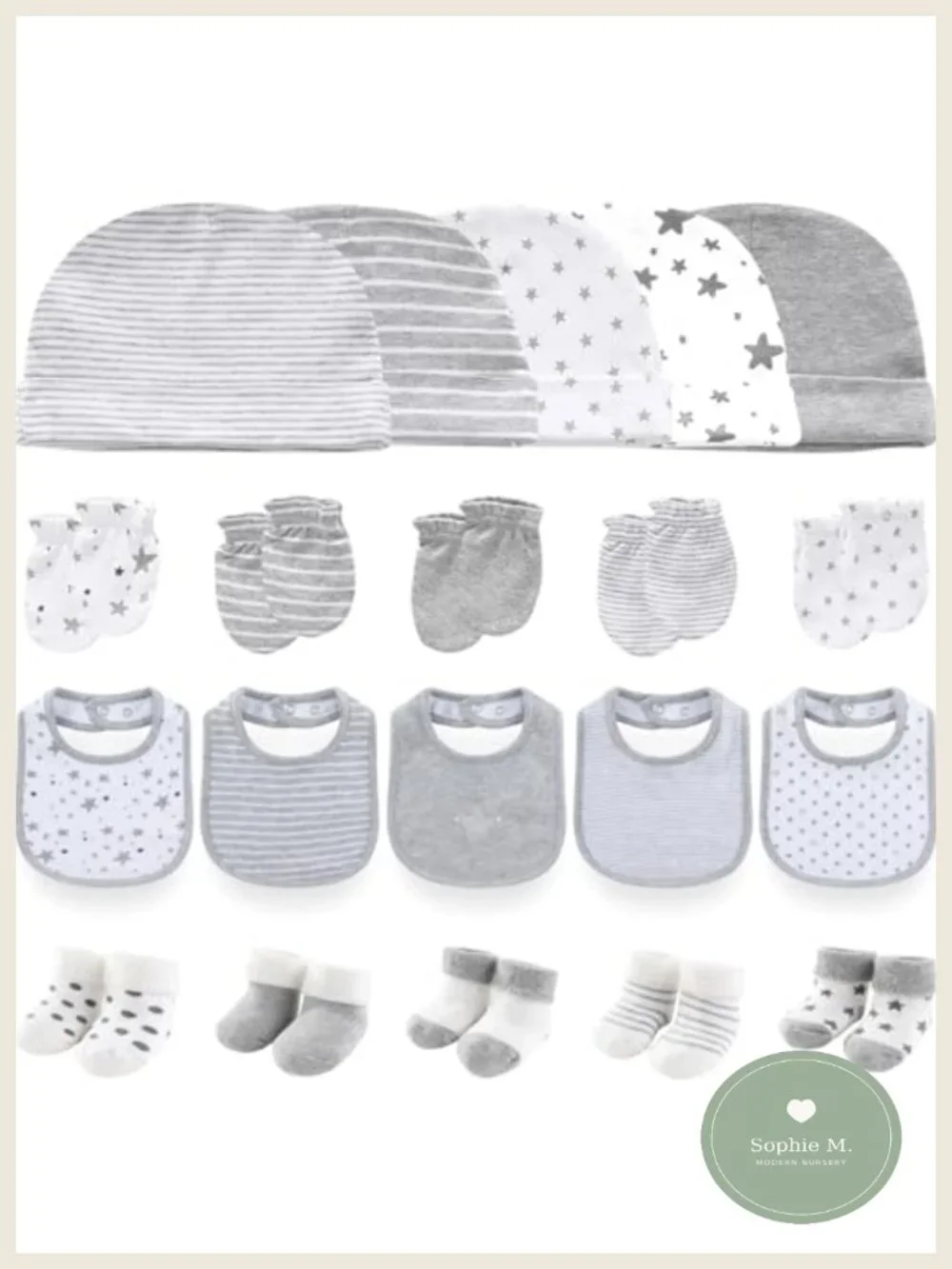 Newborn Baby Cap Mitten Sock Bib Set 100% Cotton 0-6 Months